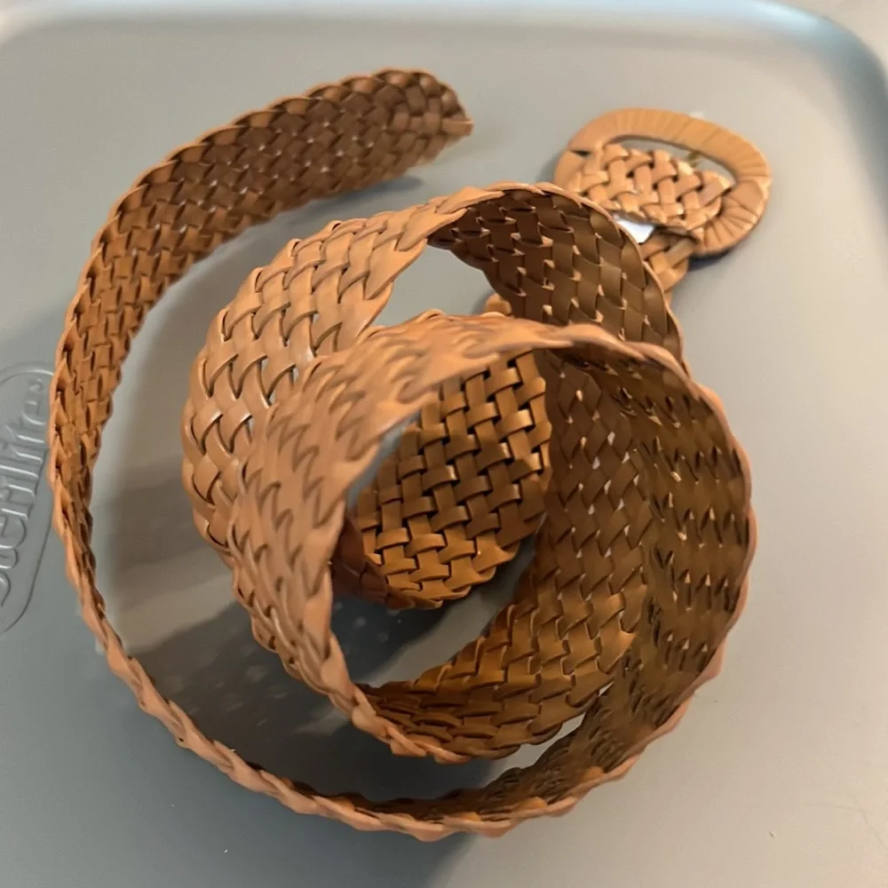 Tan Faux Leather Wide Braided Woven Adjustable Belt Women's L 44” Western - Picture 7 of 8
